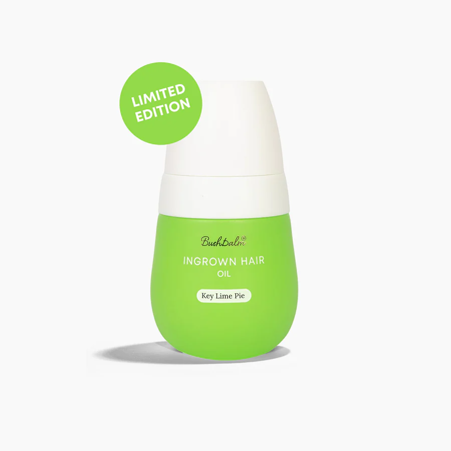 Bushbalm Key Lime Pie limited edition ingrown hair oil in bright green bottle with white cap