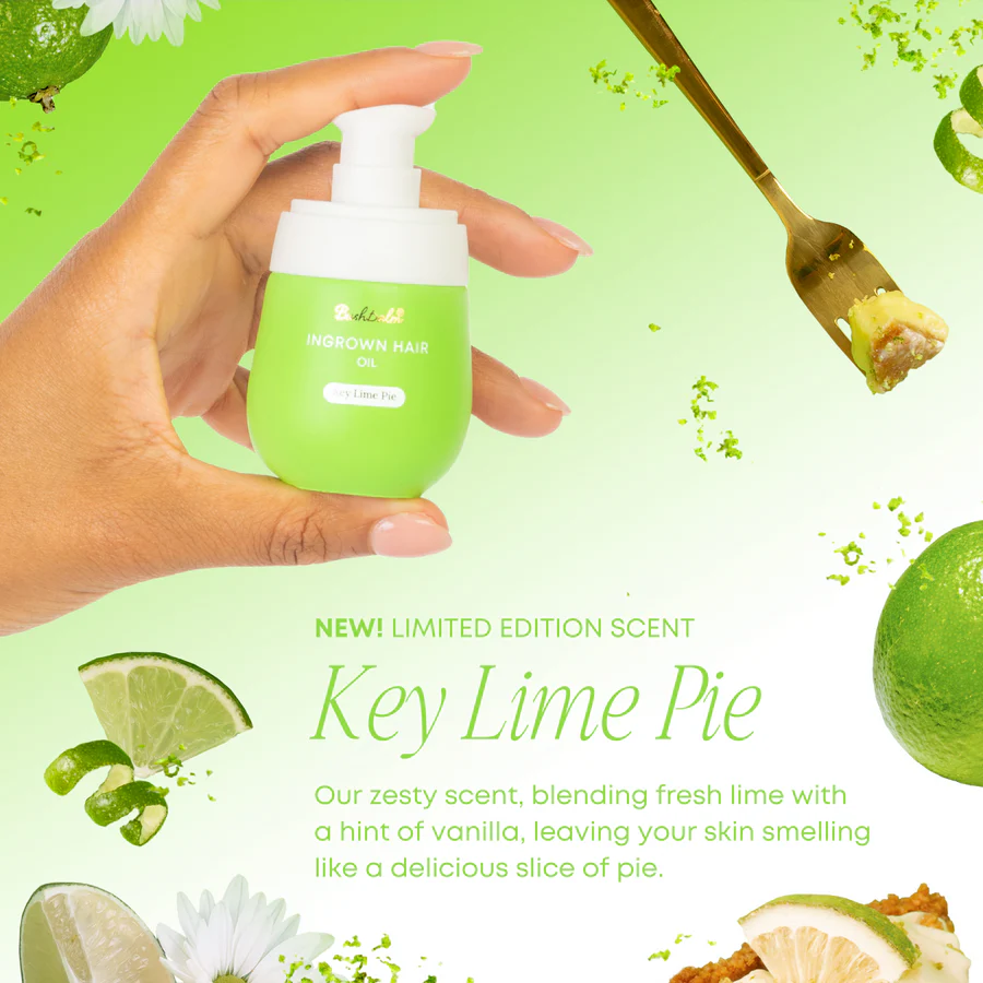 Hand holding Bushbalm Key Lime Pie Ingrown Hair Oil bottle with lime slices and pie background, highlighting zesty lime and vanilla scent.