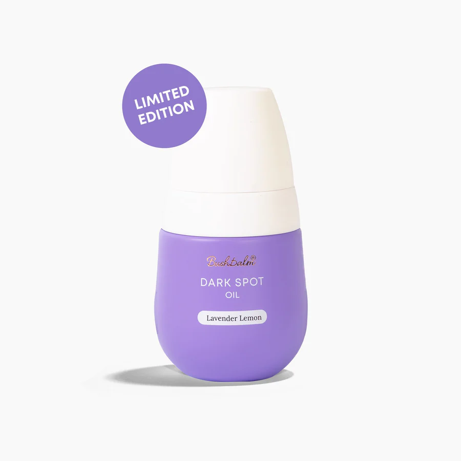 Bushbalm Lavender Lemon Oil for dark spots in a limited edition purple bottle with white cap and soothing lavender lemon scent.