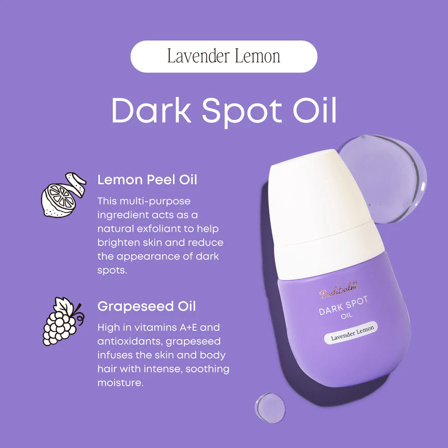 Bushbalm Lavender Lemon Oil dark spot treatment with lemon peel and grapeseed oils for brightening and soothing skin