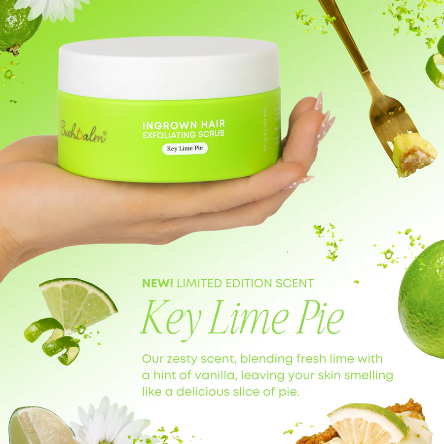 Bushbalm Key Lime Pie exfoliating scrub jar held in hand with fresh lime and pie visuals, promotes smooth skin and reduces ingrown hair.