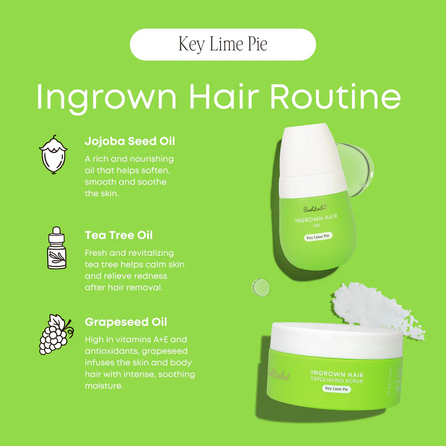 Bushbalm Key Lime exfoliating scrub and ingrown hair oil with jojoba, tea tree, and grapeseed oils for smooth, hydrated skin.