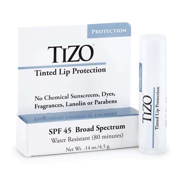 TiZO SPF 45 tinted lip protection stick with broad spectrum mineral sunscreen, water resistant and free of chemical filters.