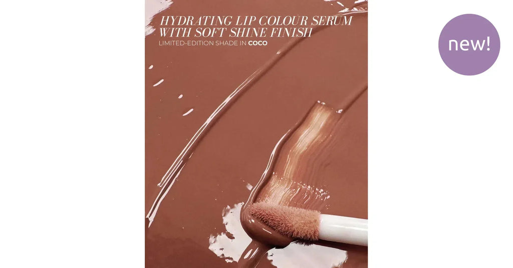 Close-up of Fitglow Lip Colour Serum - Coco shade swatch, highlighting its hydrating and soft shine finish.