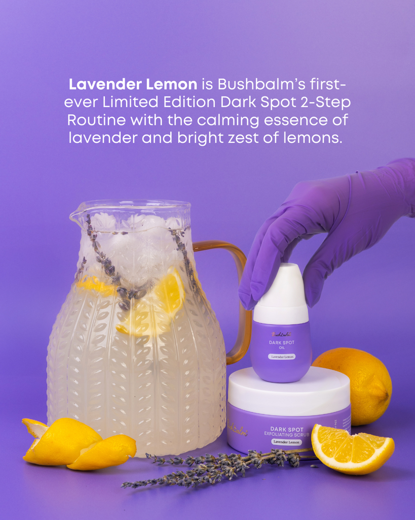 BushBalm Lavender Lemon Ingrown Oil with pitcher, lemons, and lavender on vibrant purple background.