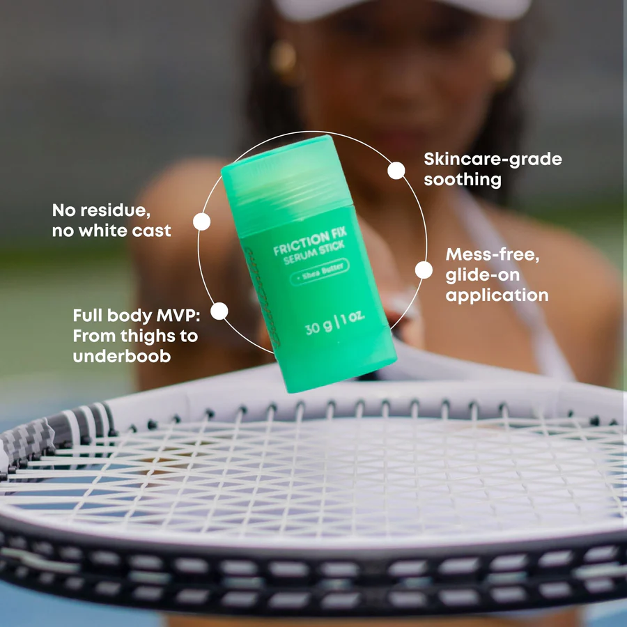 Green BushBalm Friction Fix Serum Stick for anti-chafing and skin-soothing with mess-free glide-on application.