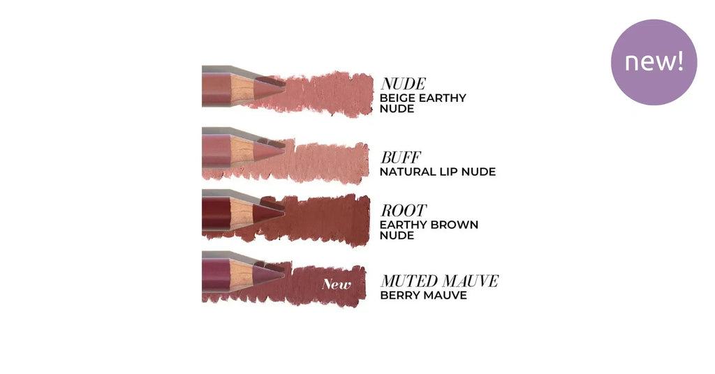 Fitglow Vegan Pencil Lip Liner shades including Buff, Root, and Muted Mauve.