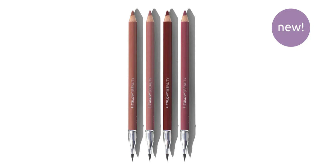 Fitglow Vegan Pencil Lip Liner Set with blending brushes in shades Buff, Root, and Muted Mauve.