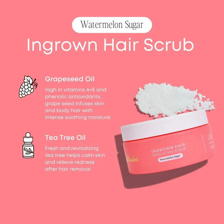 BushBalm Watermelon Sugar Exfoliating Scrub with Grapeseed and Tea Tree Oils, ingrown hair treatment.
