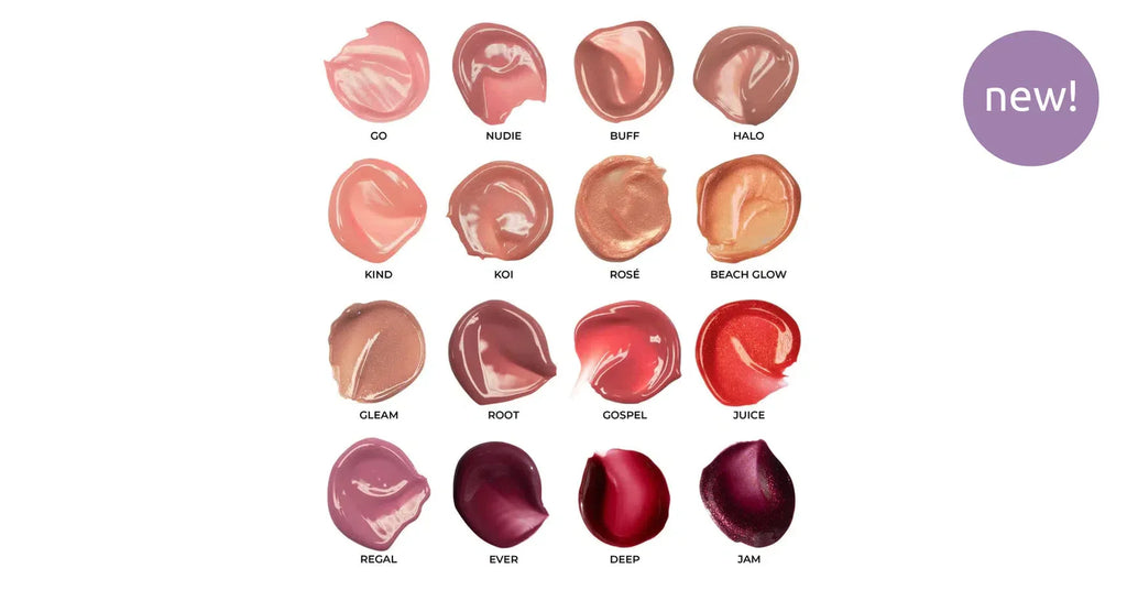 Fitglow Lip Colour Serum in various shades including Root, featuring a new formula with plant-based ingredients.